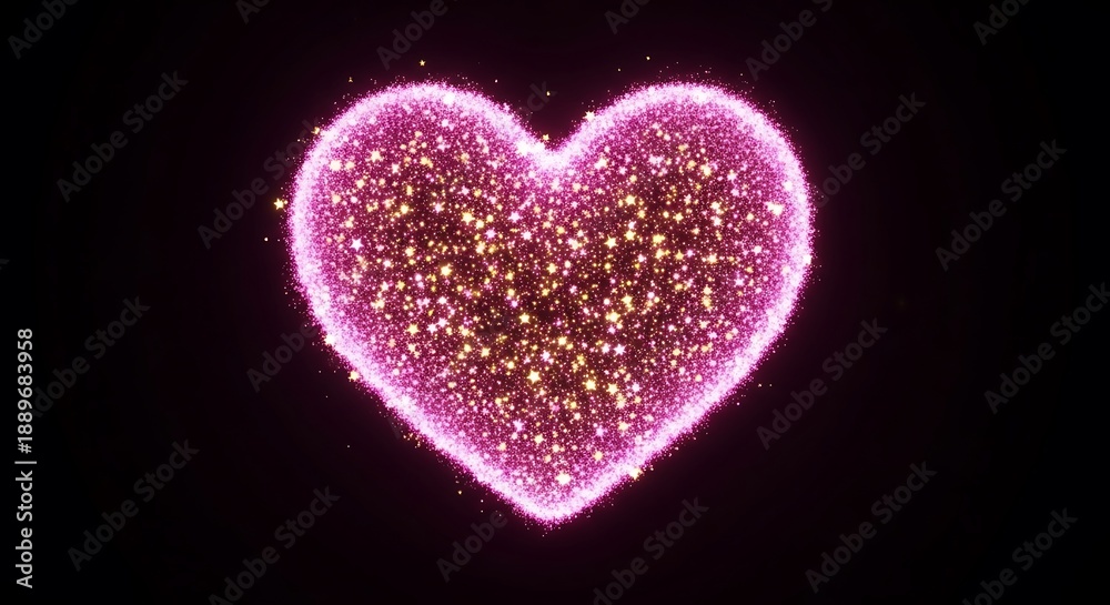 Fototapeta premium Sparkling pink heart glowing with golden particles against a dark background, symbolizing love and magic.