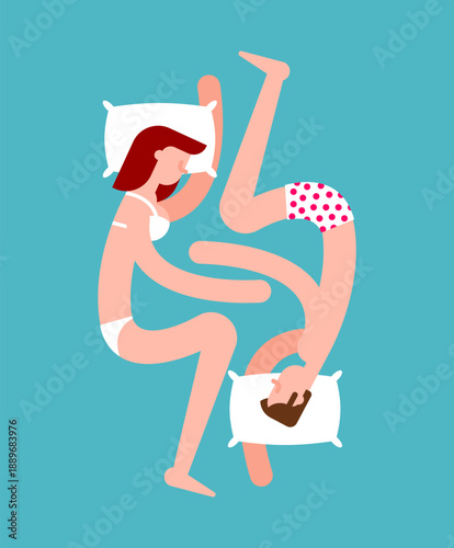 Couple's sleeping position: the 'Lover's Knot' where two people are tightly intertwined. Symbolizes deep intimacy, connection, and a passionate relationship