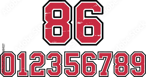 Red and white bold numbers 012356789 and 86 on white background