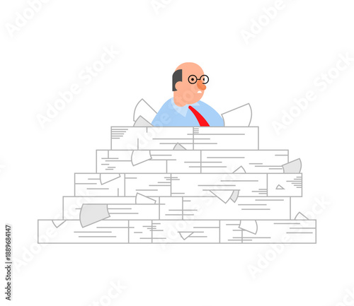 corporate manager or accountant overwhelmed by a huge mountain of paperwork and reports. Concept of bureaucracy, deadline stress, and financial workload