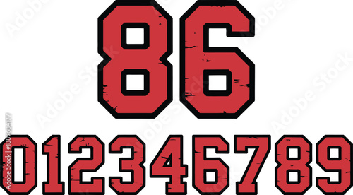 Red and black distressed numbers 012346789 with large 86