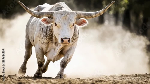 A charging bull with large horns kicks up dust, with details of its speckled coat