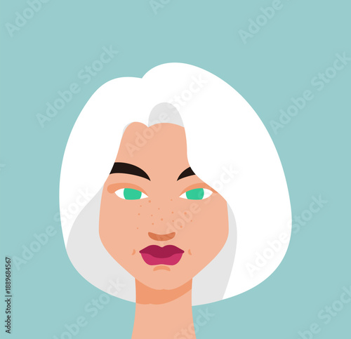 Portrait of a confident, stylish young woman with striking gray hair and bright eyebrows. Minimalistic flat vector illustration on a light background.