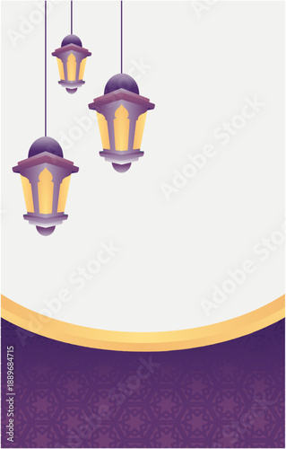 Hanging Islamic Lanterns Ramadan Background with Purple and Gold Curves