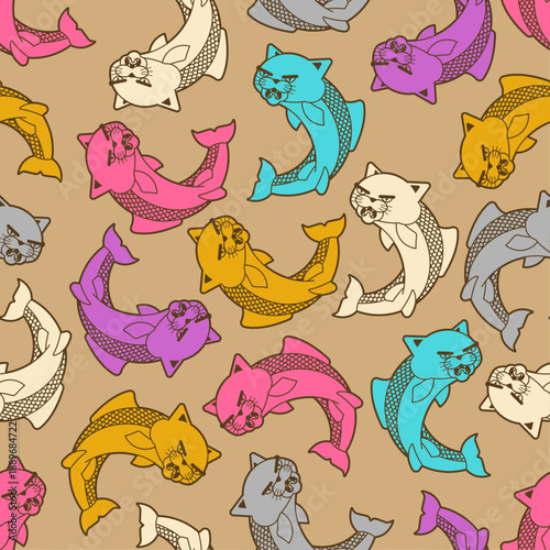 Seamless pattern with catfish hybrid creatures. Funny fantasy animal design, colorful vector background.