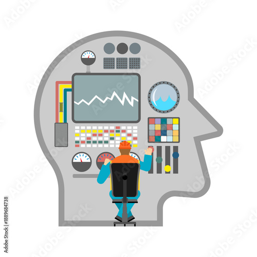 Operator controls the human brain with monitors and buttons. Concept of thinking process, control, or artificial intelligence. Vector illustration.