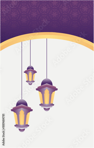 Hanging Islamic Lanterns Ramadan Background with Purple and Gold Curves