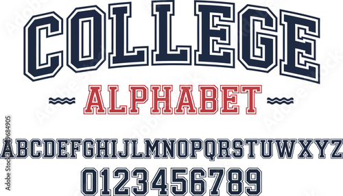 College Alphabet Font in Blue and Red letters numbers
