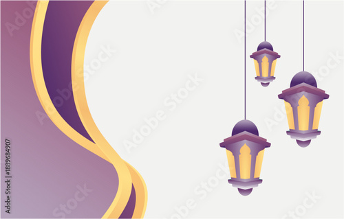 Hanging Islamic Lanterns Ramadan Background with Purple and Gold Curves