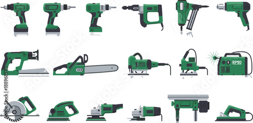 Electric power tool icon set with drills saws jigsaw chainsaw sander nail gun and construction equipment