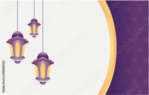 Hanging Islamic Lanterns Ramadan Background with Purple and Gold Curves
