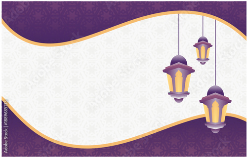 Hanging Islamic Lanterns Ramadan Background with Purple and Gold Curves
