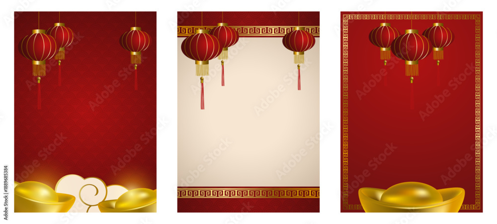 Fototapeta premium Set of three vertical Chinese New Year banners featuring red lanterns, gold ingots, and traditional decorative borders.