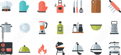 Kitchen cooking utensil icon set with pots pans knives blender grill oven and culinary equipment