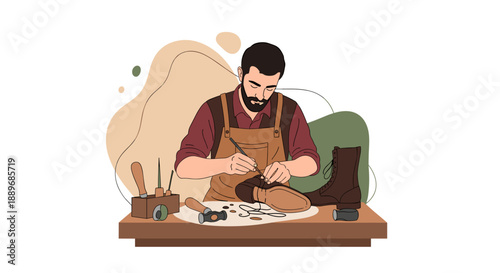 Craftsman working on shoe repair with tools and materials.