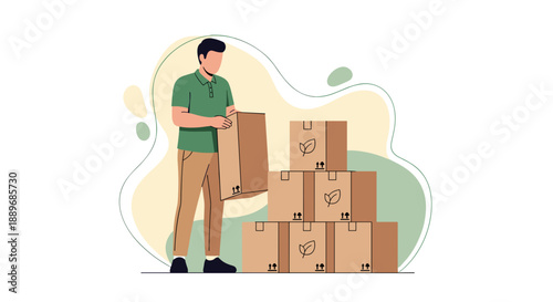 Man Holding Cardboard Box Next to Stack of Packages.