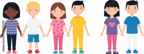 Diverse group of children holding hands illustration representing friendship unity inclusion diversity and happy childhood