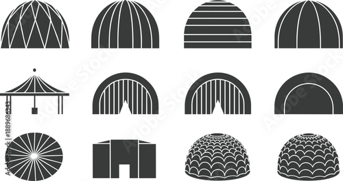Dome roof silhouette icon set featuring pavilion tent igloo stadium and curved architectural structure designs