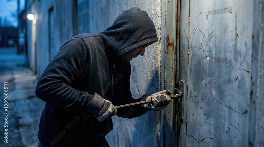 Fototapeta premium Individual in dark hoodie using crowbar to break into a metal door at night, showcasing the act of burglary in an urban alley with dim lighting and gritty surroundings