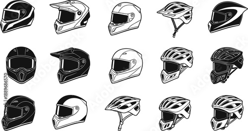 Motorcycle and bicycle helmet outline icon set featuring racing motocross downhill and road safety headgear designs