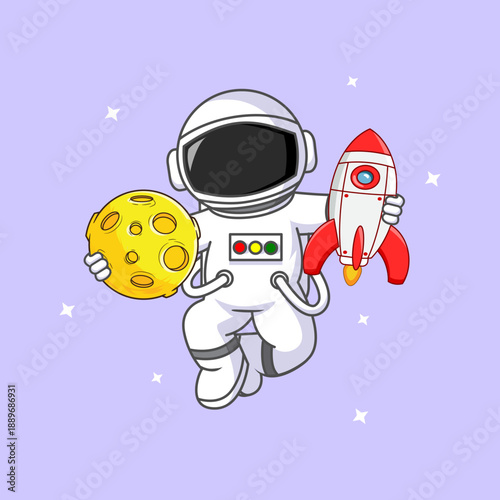 Astronaut Floating Reach Moon and Rocket Vector Illustration Cartoon Design