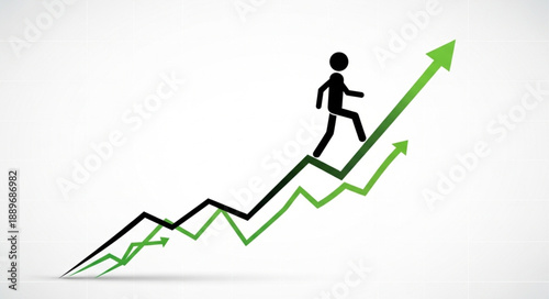 Stick figure climbing up a green upward trending graph representing success.