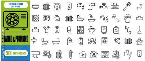 Heating & Plumbing line editable icon set. Containing pipe, plumber, faucet, radiator, boiler, service, boiler, valve, and more. editable stroke. Vector illustration