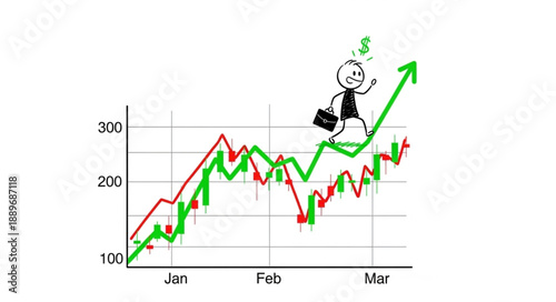 Stick figure businessman running up stock market graph with rising arrow.