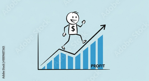 Stick figure character climbing up a rising profit graph with dollar sign.