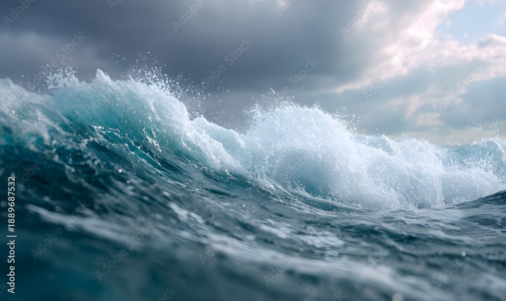 Fototapeta premium a massive ocean wave rising in the open sea, powerful water motion with detailed foam and spray, deep blue ocean with turquoise highlights, dramatic cloudy sky with cinematic sunlight breaking through