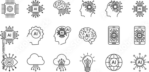 Artificial intelligence human head icon set with smart brain and data processing