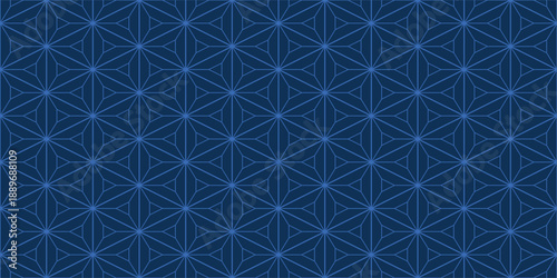 Seamless Japanese Asanoha pattern. Traditional geometric blue vector background, ideal for textile prints, apparel, bandanas, gift wrapping paper, and elegant wallpaper design.