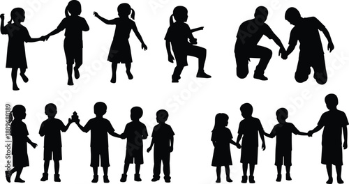 Silhouettes of children interacting in pairs, showing teamwork, empathy, friendship, cooperation, support, social bonding, playful unity