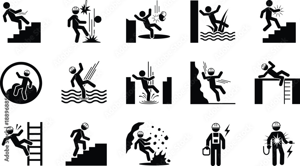 Fototapeta premium Workplace accident and safety hazard silhouette icon set showing falls electrocution slips explosions and industrial risks