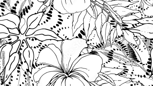 Black and white tropical seamless pattern under gentle watercolor blobs and stains. Contrast exotic graphics print. Modern summer flower, leaf on abstract brush. Organic, tropic vector background.
