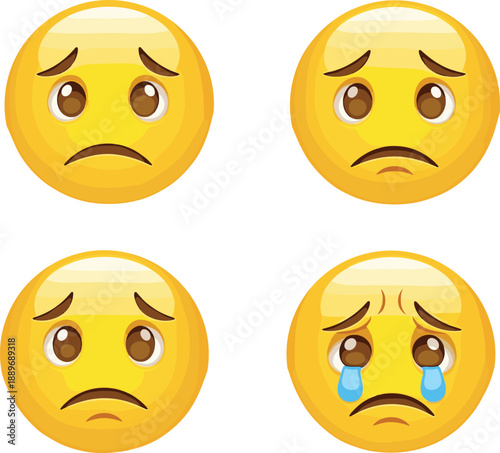 Sad crying emoji face set showing disappointed worried upset and emotional expressions for chat reaction stickers