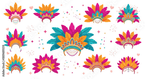Vibrant set of festive carnival masks and feather headdresses.
