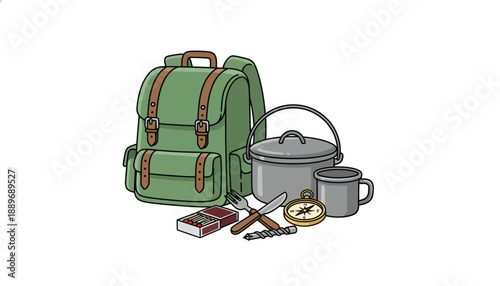 Camping gear with green backpack pot mug and utensils on white background for outdoor adventure travel