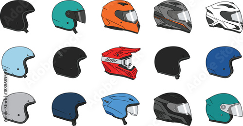 Motorcycle helmet icon set with full face open face motocross racing and scooter protective gear designs