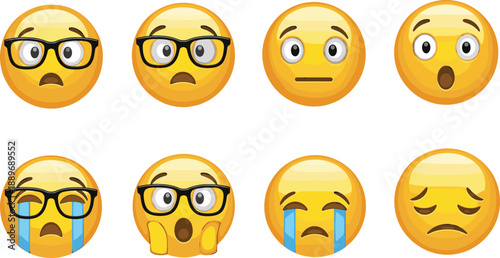 Surprised and crying emoji face set with glasses shocked scared and emotional reactions for messaging stickers