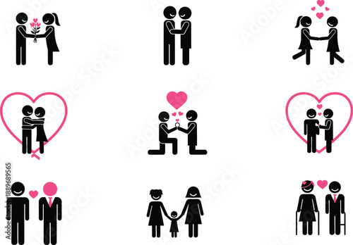Love and relationship silhouette icon set showing couples families proposal romance and affectionate moments