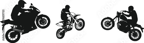 Motorcycle stunt silhouette set showing riders performing wheelies and jumps on sport and dirt bikes