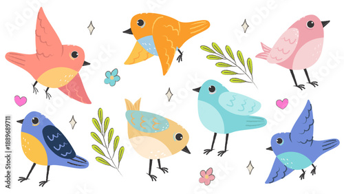 Set with hand drawn different spring birds. Isolated crayon illustration.