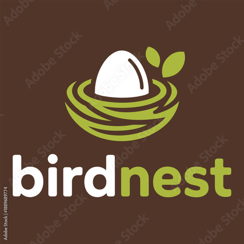 Bird nest logo with egg and leaves on brown background icon