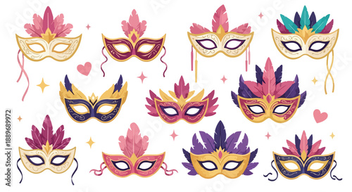 Set of ornate masquerade carnival masks with feathers.