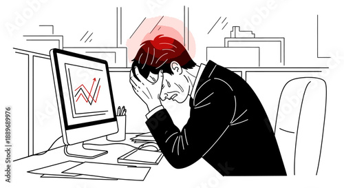 A visibly stressed businessman, overwhelmed by financial pressure, holds his head in despair while observing a declining trend on his computer screen at his office desk.