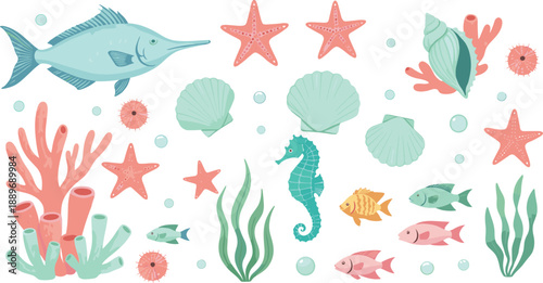 Cute underwater sea life illustration set with fish starfish shells coral seahorse and ocean elements
