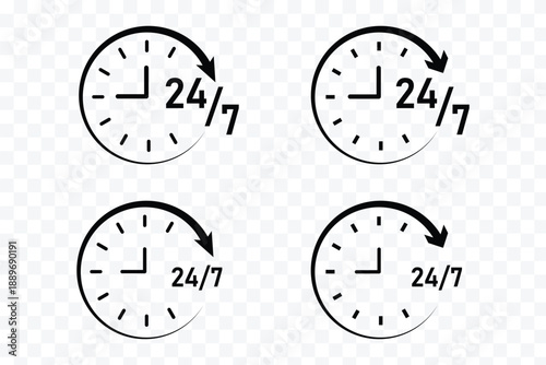 24 Hrs icon for websites and mobile minimalistic flat design. 24 Hrs icons, editable stroke, flat design style. 24/7 service icon. 24 hours icons. Vector graphic. 24 7 Emergency call services icons