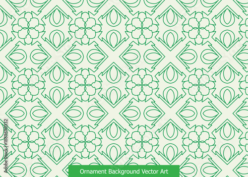 Seamless geometric ornamental pattern with floral motifs in light green on a cream background, vector art.
