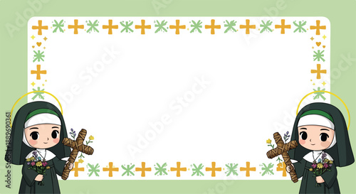 Cute nuns border frame template with religious crosses and flowers.